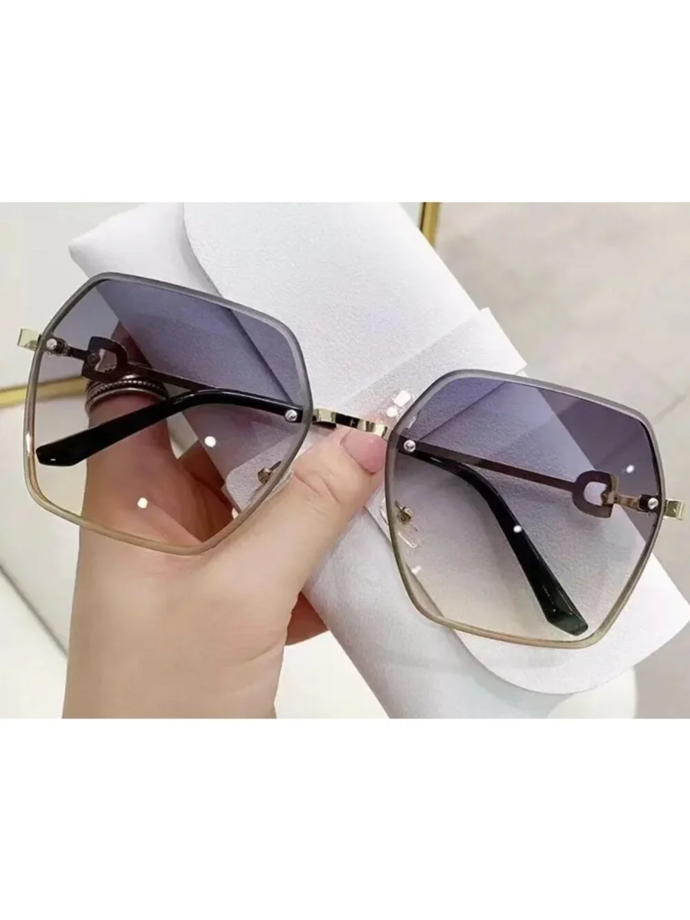 Oversized Unisex Square Grey to Tea Gradient Sunglasses With Gold Frame